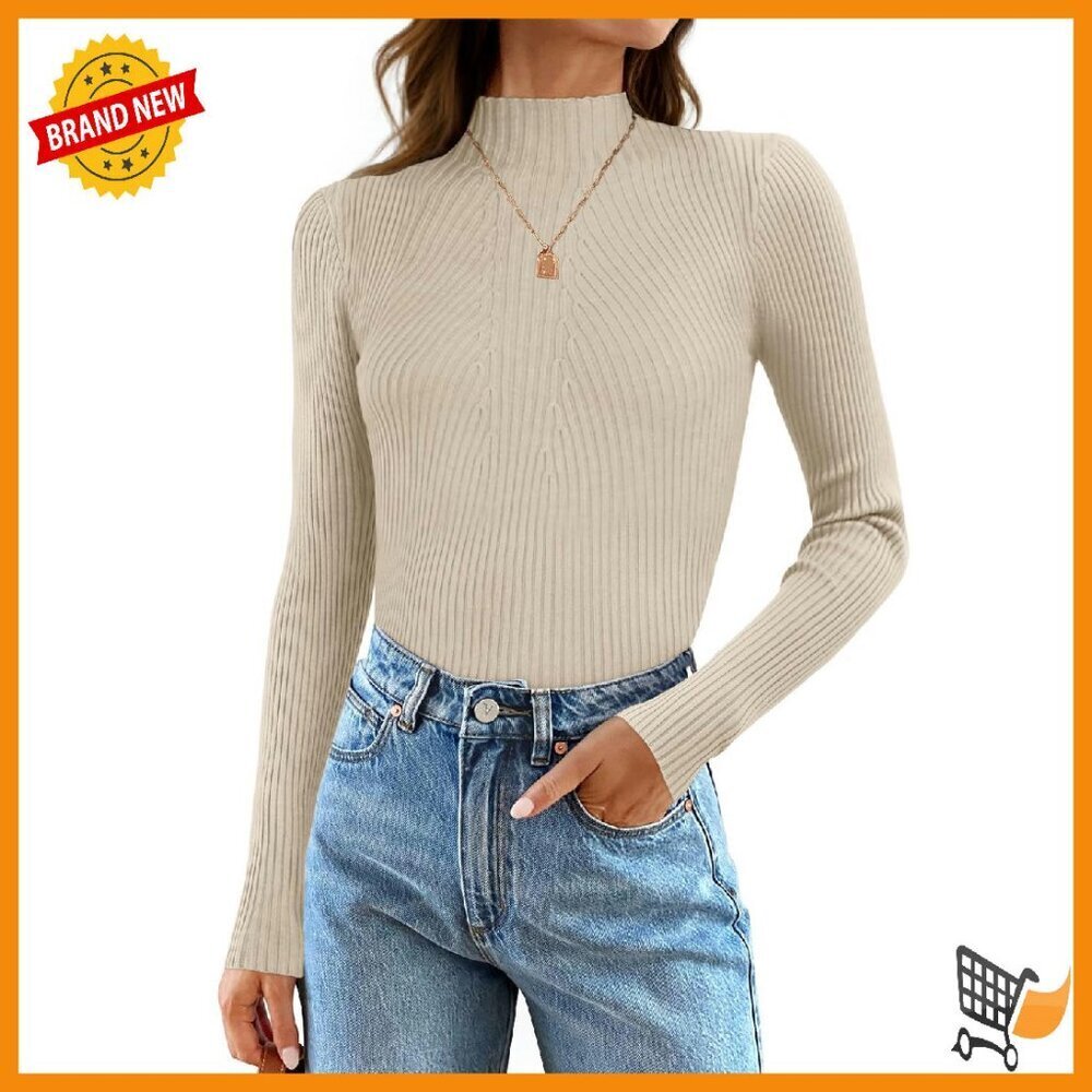 Long Sleeve Turtleneck Ribbed Knit Sweater Slim Fit Basic Tee